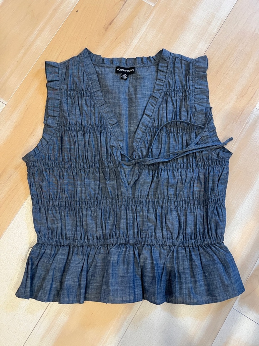 Modern Works Blue Sleeveless Smocked V-Neck Blouse